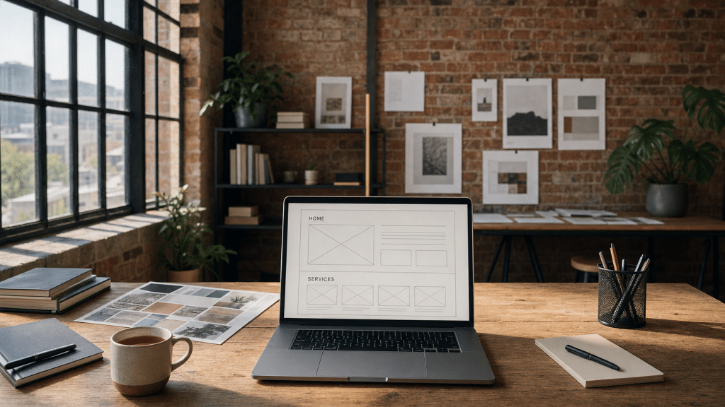 Web design cost Cape Town — a Woodstock studio desk with laptop wireframe, mood board, and rooibos tea in natural light