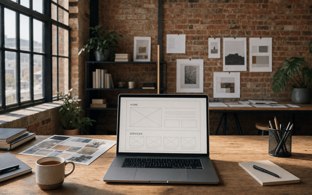 Web design cost Cape Town — a Woodstock studio desk with laptop wireframe, mood board, and rooibos tea in natural light