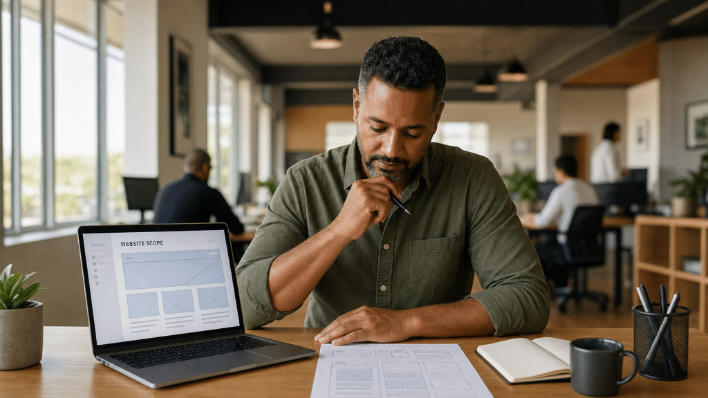 web design cost durban — business owner reviewing a website scope document at a desk in a KZN office