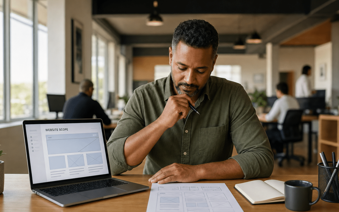 web design cost durban — business owner reviewing a website scope document at a desk in a KZN office