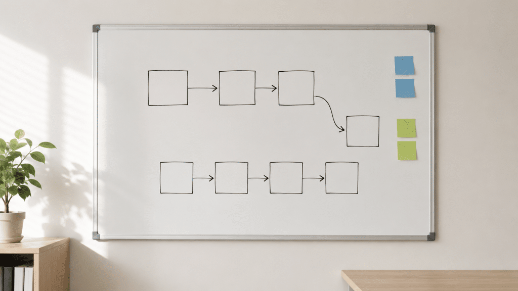 web design for gyms — a whiteboard mapping a two-stage gym membership sign-up flow with hand-drawn boxes and arrows