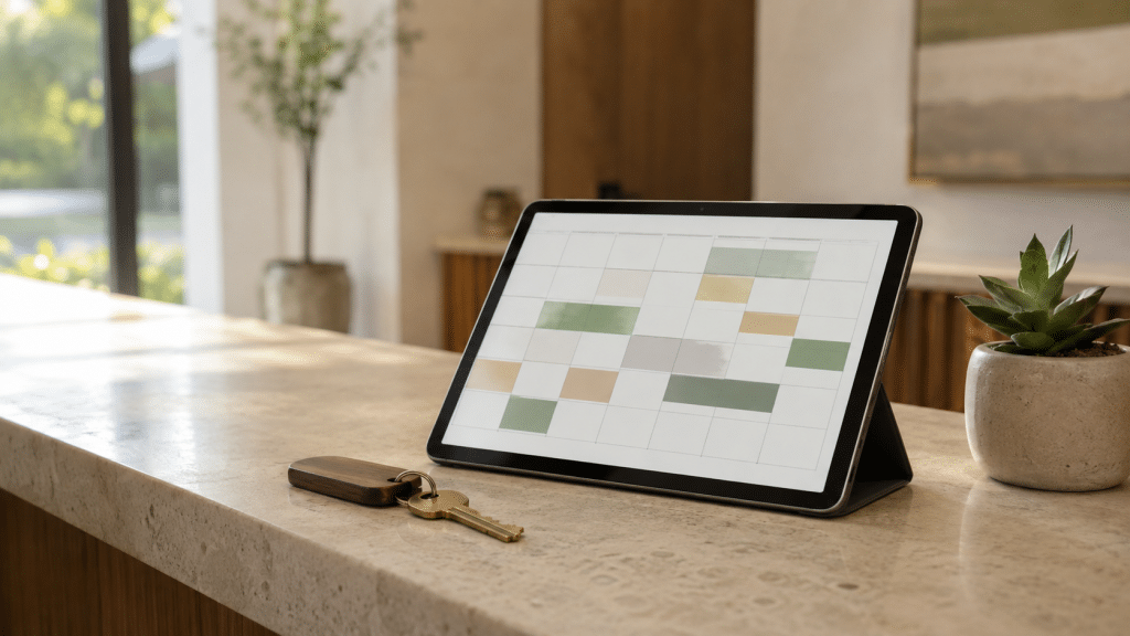 web design for hotels — a tablet showing a generic availability calendar angled on a reception desk beside a room key and a small plant