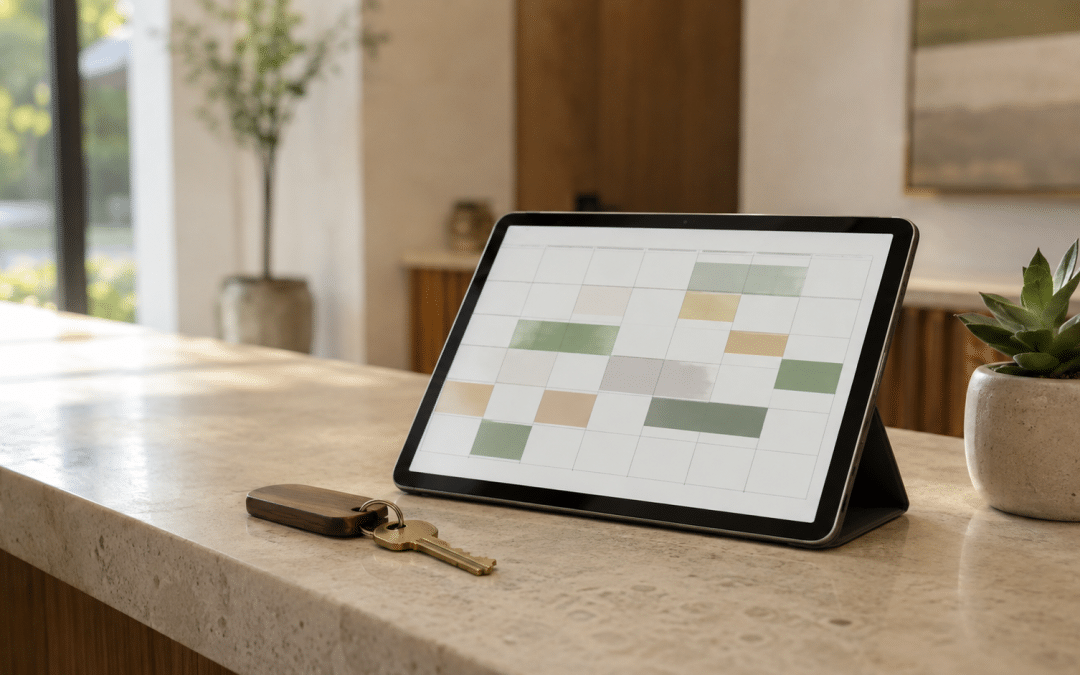web design for hotels — a tablet showing a generic availability calendar angled on a reception desk beside a room key and a small plant