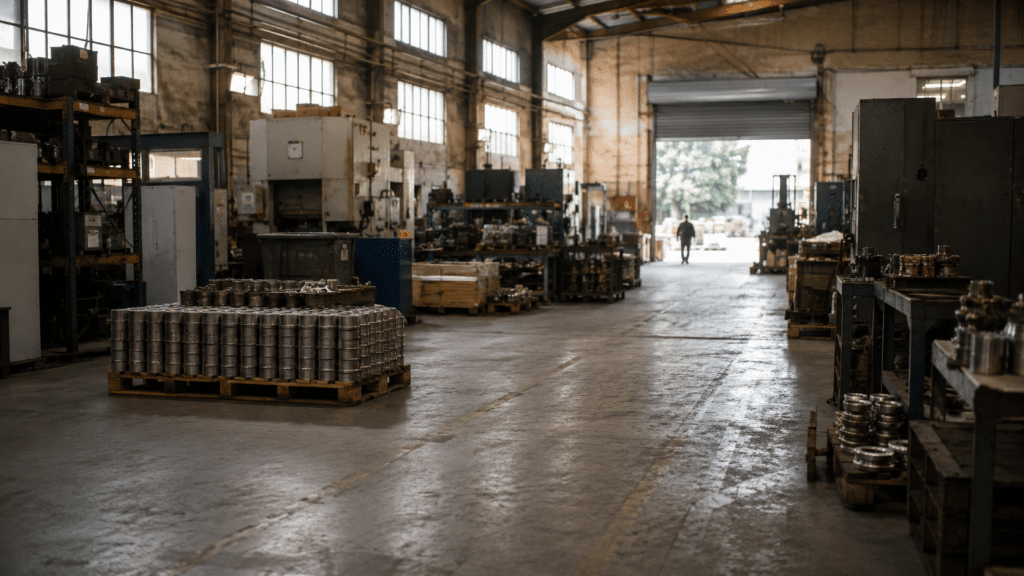 web design for manufacturers — a South African factory floor with machinery and stacked components in natural daylight