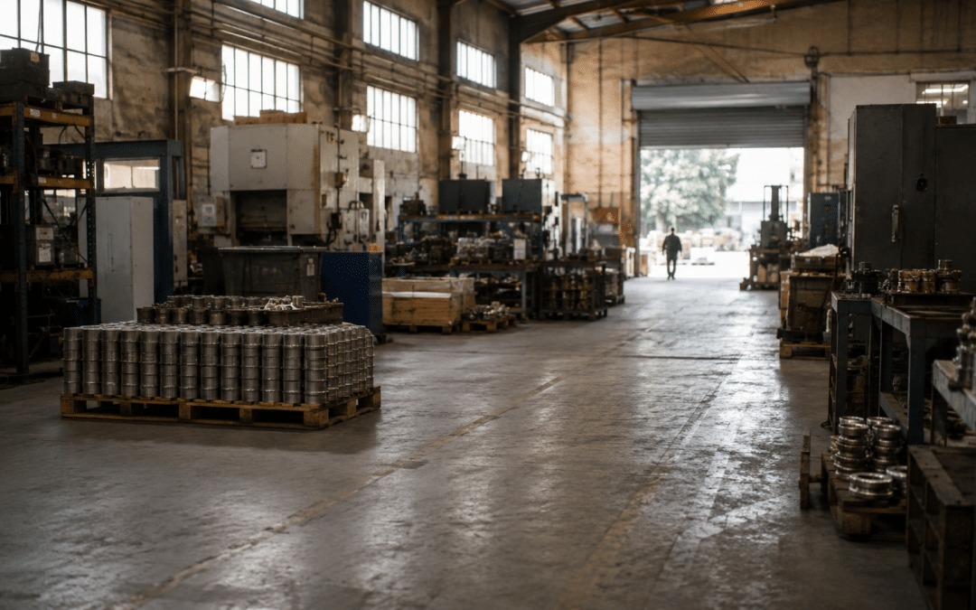 web design for manufacturers — a South African factory floor with machinery and stacked components in natural daylight