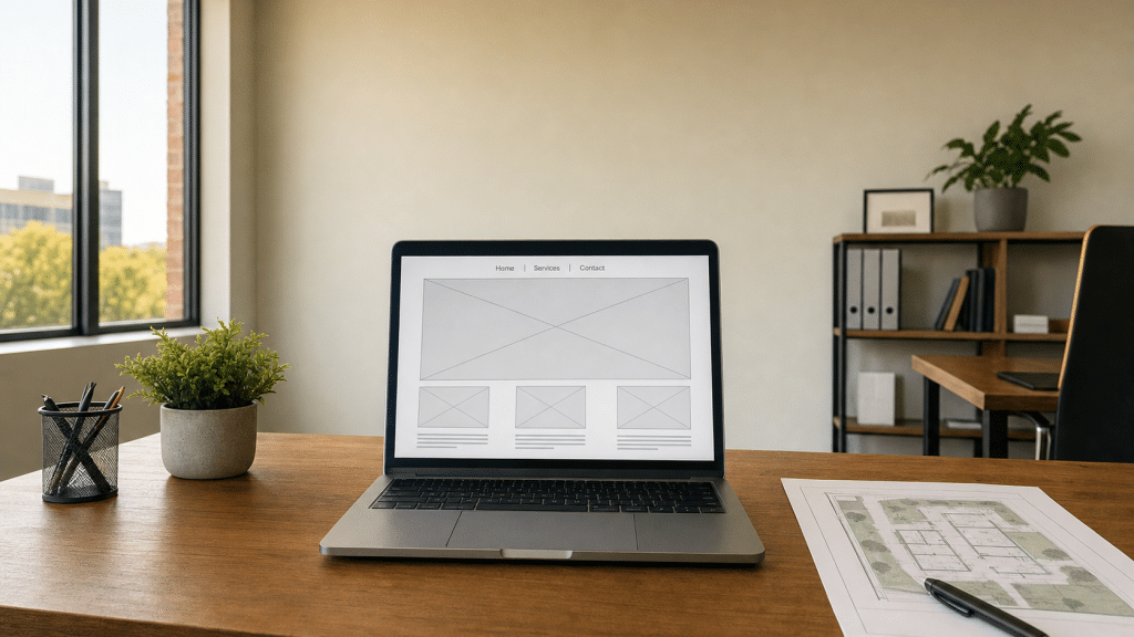 Web design Pretoria — open laptop displaying a website wireframe on a desk in a Centurion small business office