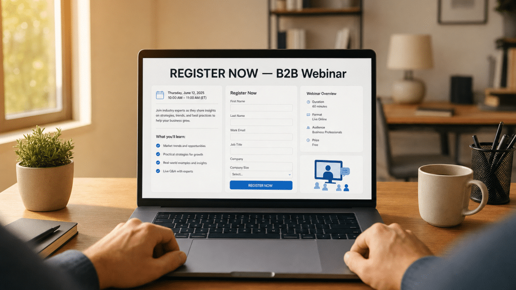 Webinar lead generation South Africa — hands at a laptop showing a B2B webinar registration dashboard with warm side lighting