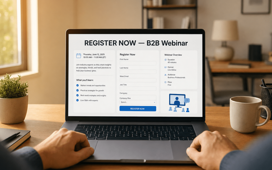 Webinar lead generation South Africa — hands at a laptop showing a B2B webinar registration dashboard with warm side lighting