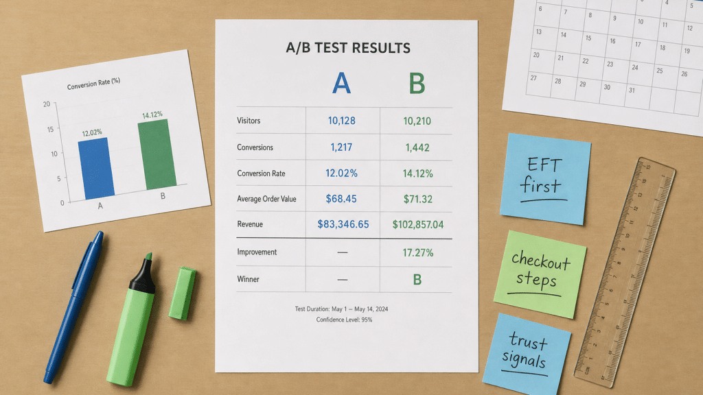 Website ab testing results sheet with printed bar charts, sticky notes and a blue pen on a light wooden desk