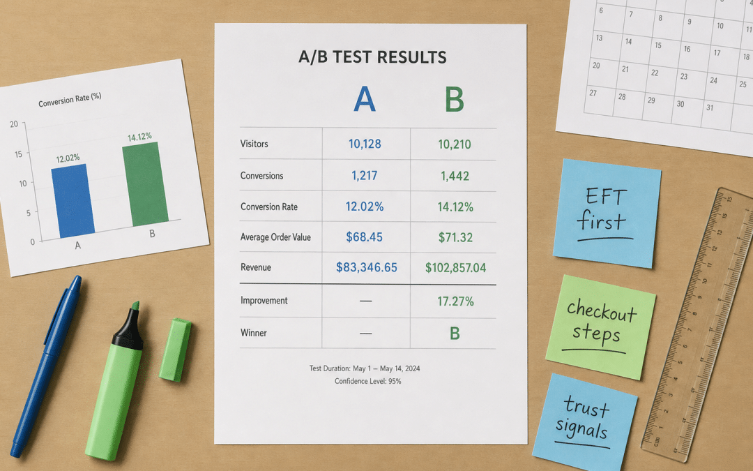 Website ab testing results sheet with printed bar charts, sticky notes and a blue pen on a light wooden desk
