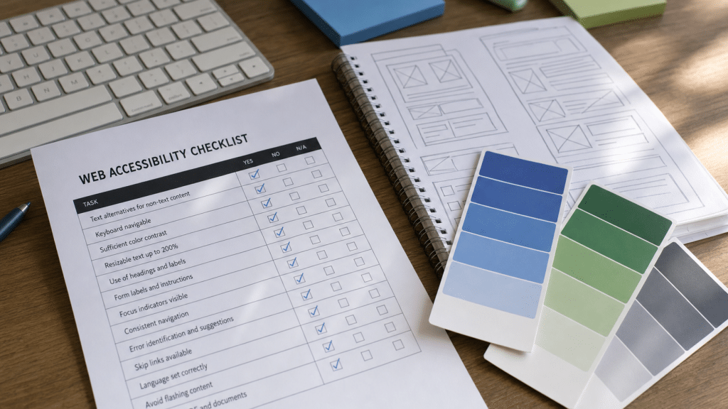 website accessibility checklist south africa — WCAG compliance checklist cards and contrast swatches on a desk