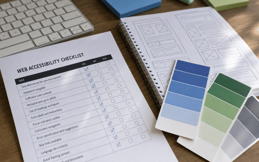 website accessibility checklist south africa — WCAG compliance checklist cards and contrast swatches on a desk