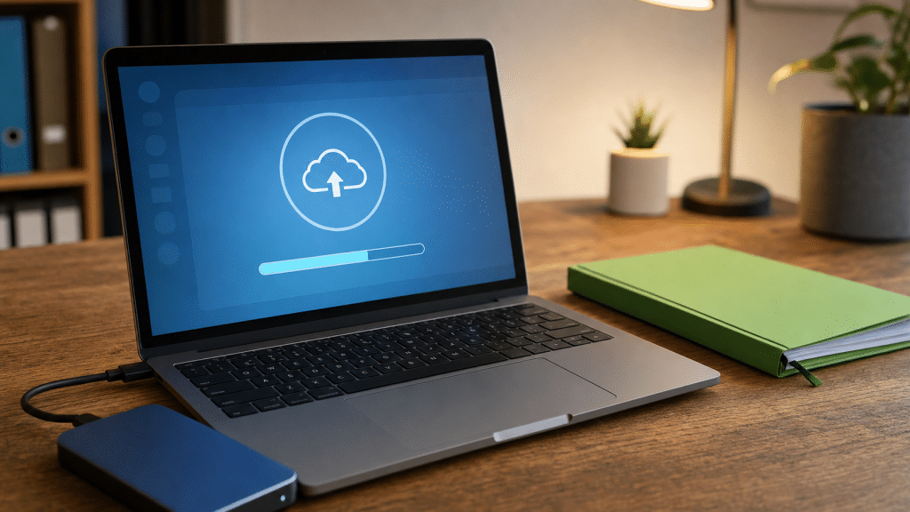 website backup best practices — laptop, external hard drive, and cloud storage representing the 3-2-1 backup strategy