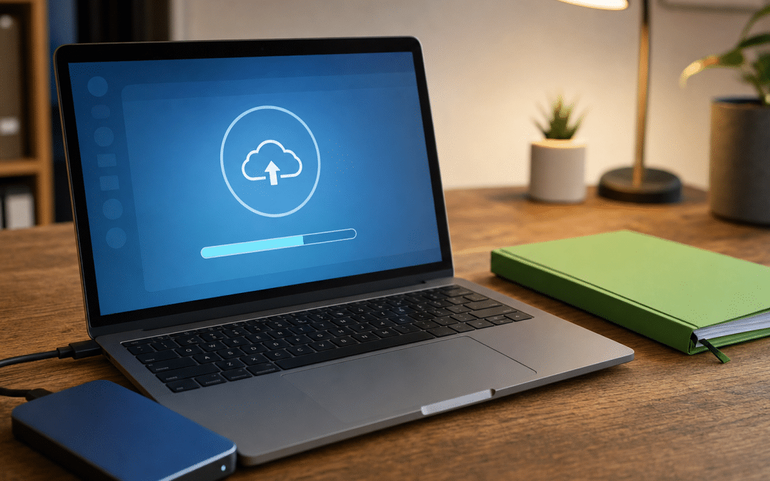 website backup best practices — laptop, external hard drive, and cloud storage representing the 3-2-1 backup strategy