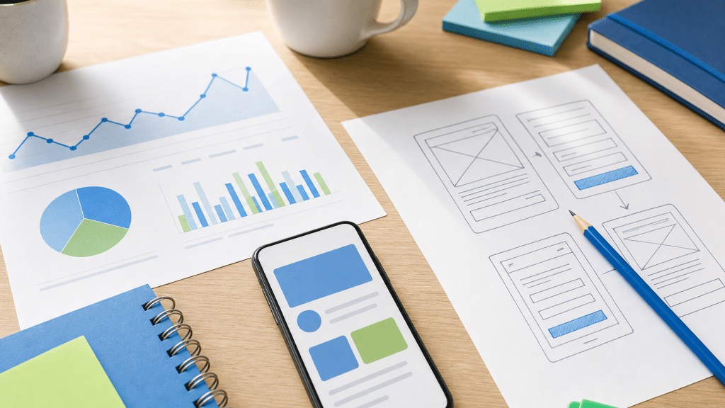 website form conversion optimization — printed analytics report and form wireframe on a desk with smartphone