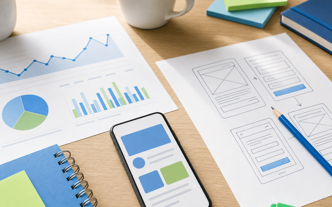 website form conversion optimization — printed analytics report and form wireframe on a desk with smartphone