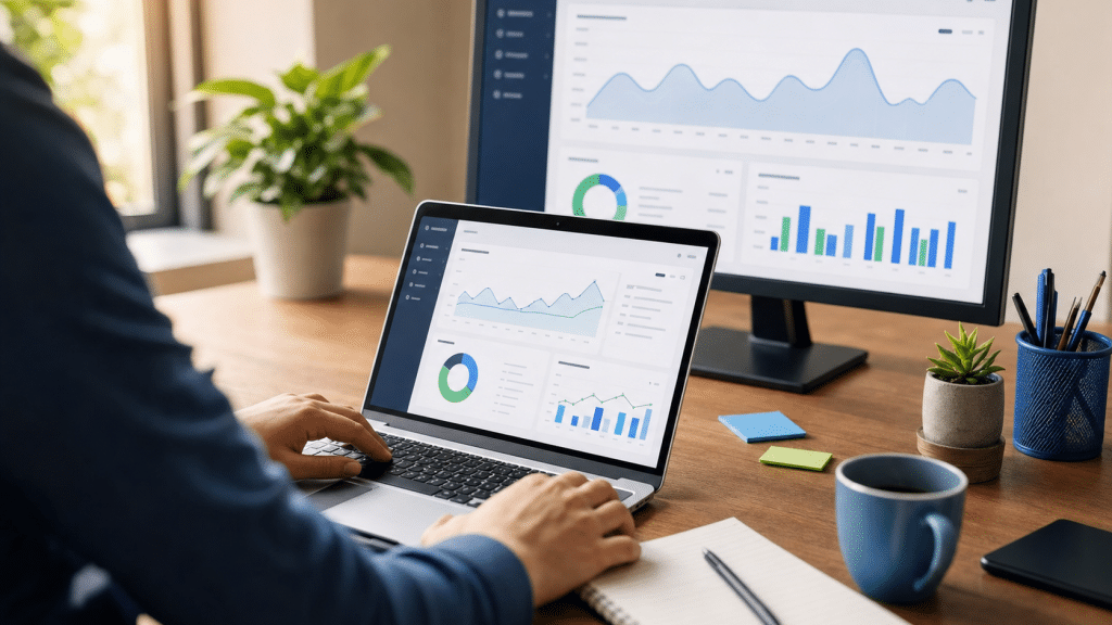 website performance optimization audit on laptop and monitor in a modern office