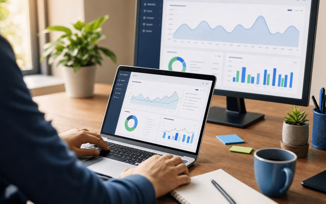 website performance optimization audit on laptop and monitor in a modern office