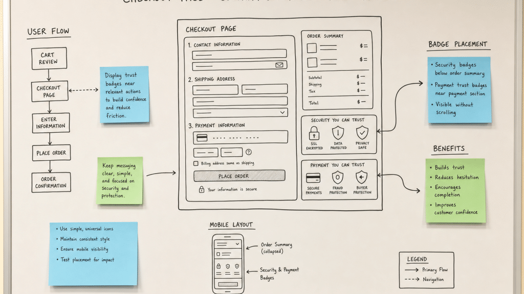 website trust signals — a checkout page displaying security and payment trust badges