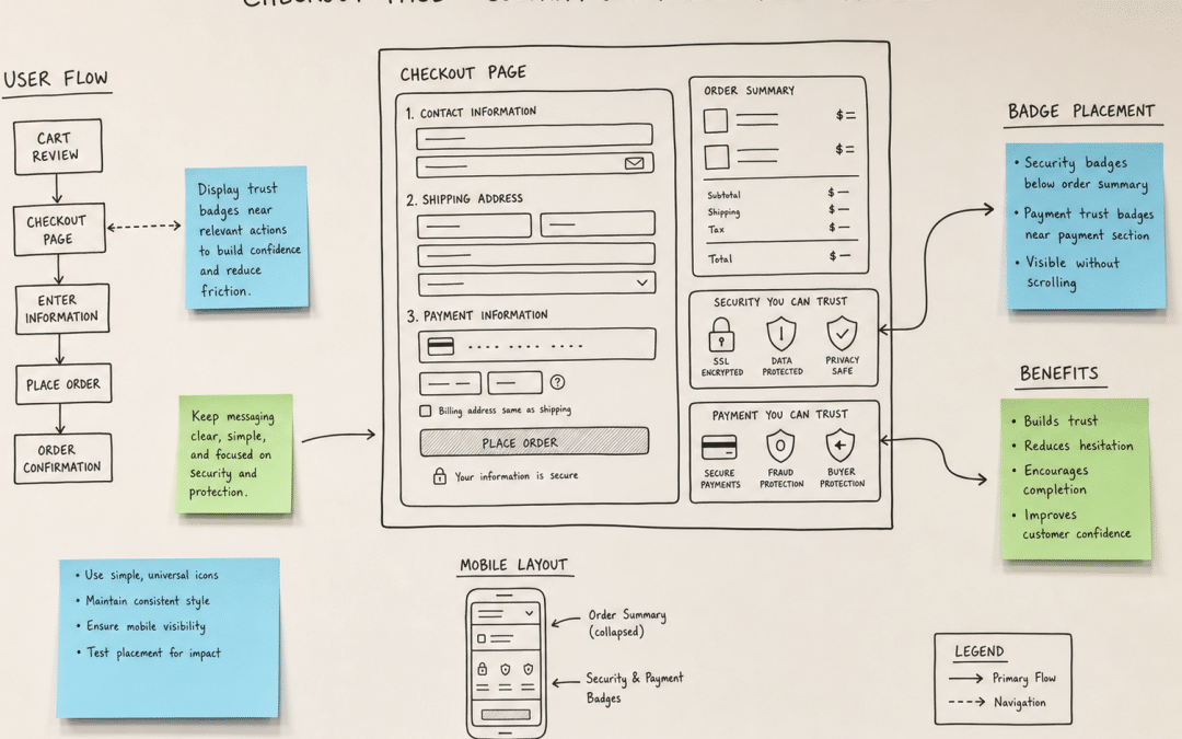 website trust signals — a checkout page displaying security and payment trust badges