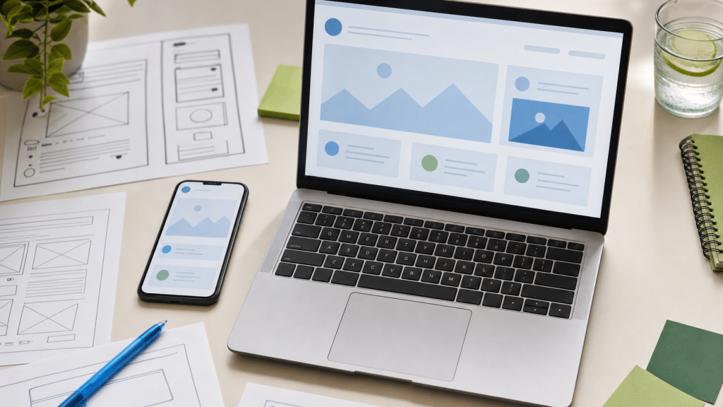 website ux for south african users — smartphone and laptop with wireframe sketches on a desk