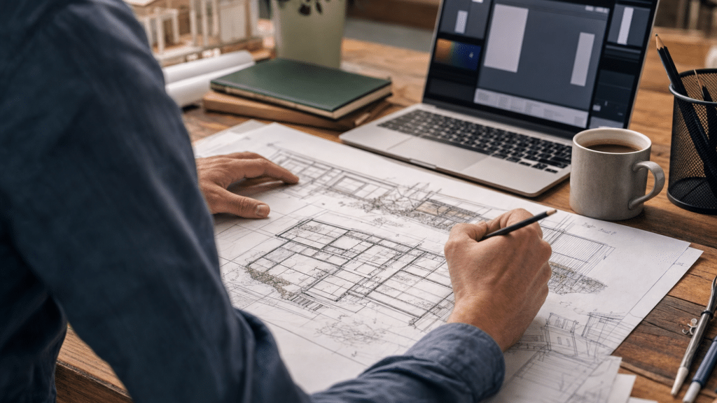 website wireframe blueprint plans on a desk with laptop — web design planning South Africa