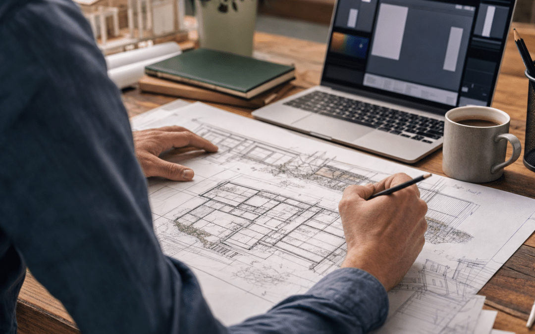 website wireframe blueprint plans on a desk with laptop — web design planning South Africa