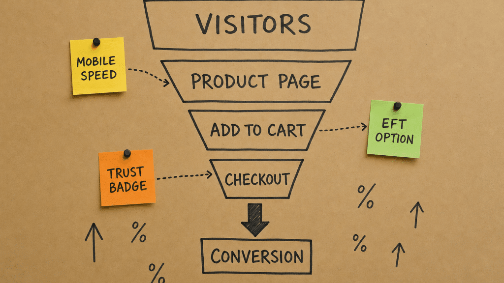 What is conversion rate optimisation — hand-drawn funnel diagram on kraft paper with sticky notes showing SA-specific CRO levers