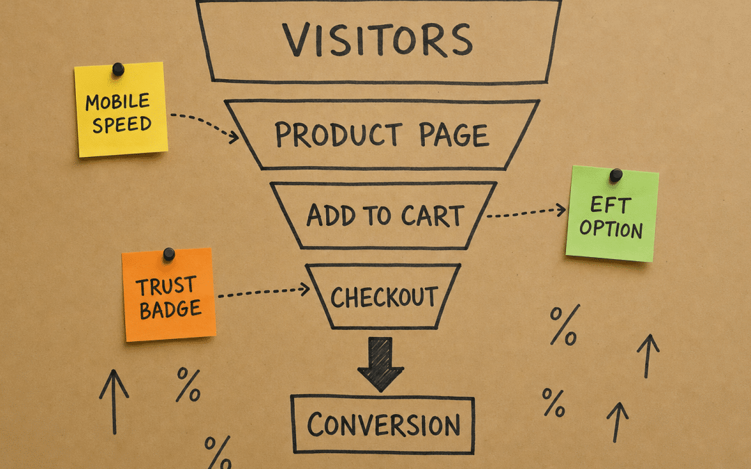 What is conversion rate optimisation — hand-drawn funnel diagram on kraft paper with sticky notes showing SA-specific CRO levers