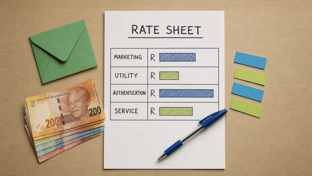 whatsapp business api pricing rate sheet flat-lay on a wooden desk with rand banknotes and colour-coded conversation category tabs
