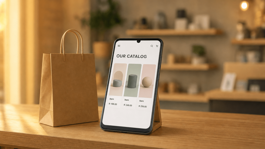 WhatsApp catalogs South Africa — Android phone displaying a product catalog grid with Rand prices on a wooden retail counter