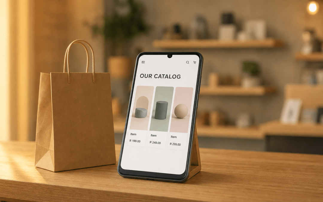 WhatsApp catalogs South Africa — Android phone displaying a product catalog grid with Rand prices on a wooden retail counter