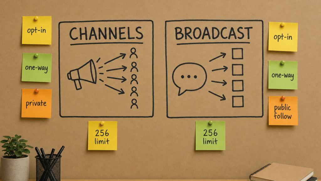 whatsapp channels vs broadcast lists hand-drawn comparison diagram on kraft paper with sticky notes showing key feature differences