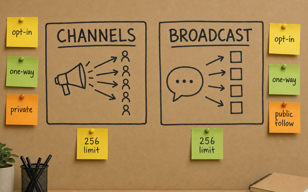 whatsapp channels vs broadcast lists hand-drawn comparison diagram on kraft paper with sticky notes showing key feature differences