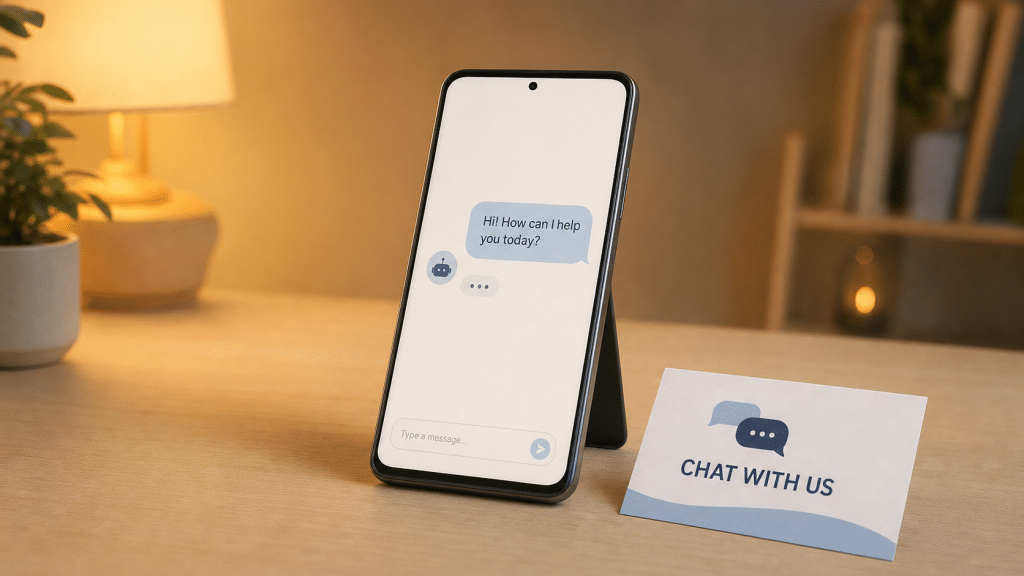 whatsapp chatbots south africa — smartphone displaying automated chat greeting beside a printed contact card on an oak desk