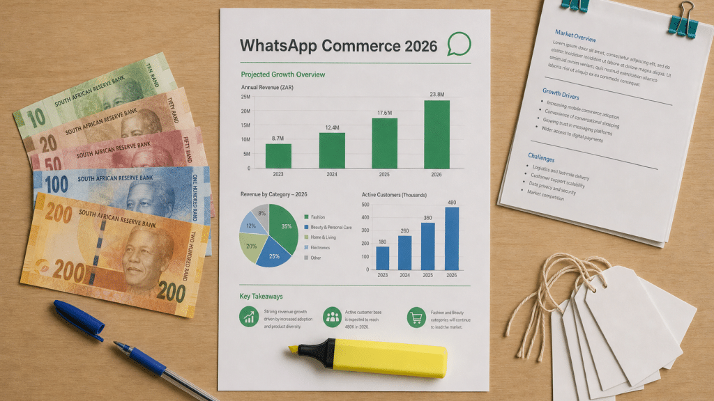 whatsapp commerce statistics South Africa — overhead flat-lay of a printed 2026 bar chart report with Rand banknotes, product tags, and a ballpoint pen on a light wooden desk