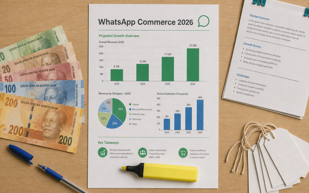 whatsapp commerce statistics South Africa — overhead flat-lay of a printed 2026 bar chart report with Rand banknotes, product tags, and a ballpoint pen on a light wooden desk