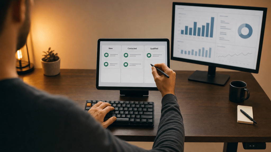 WhatsApp CRM integration setup showing a CRM pipeline with chat icons on a tablet screen, viewed over the shoulder of a person at a standing desk