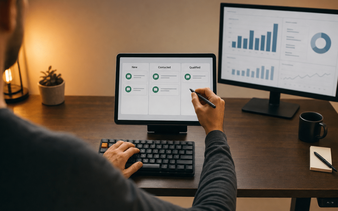 WhatsApp CRM integration setup showing a CRM pipeline with chat icons on a tablet screen, viewed over the shoulder of a person at a standing desk