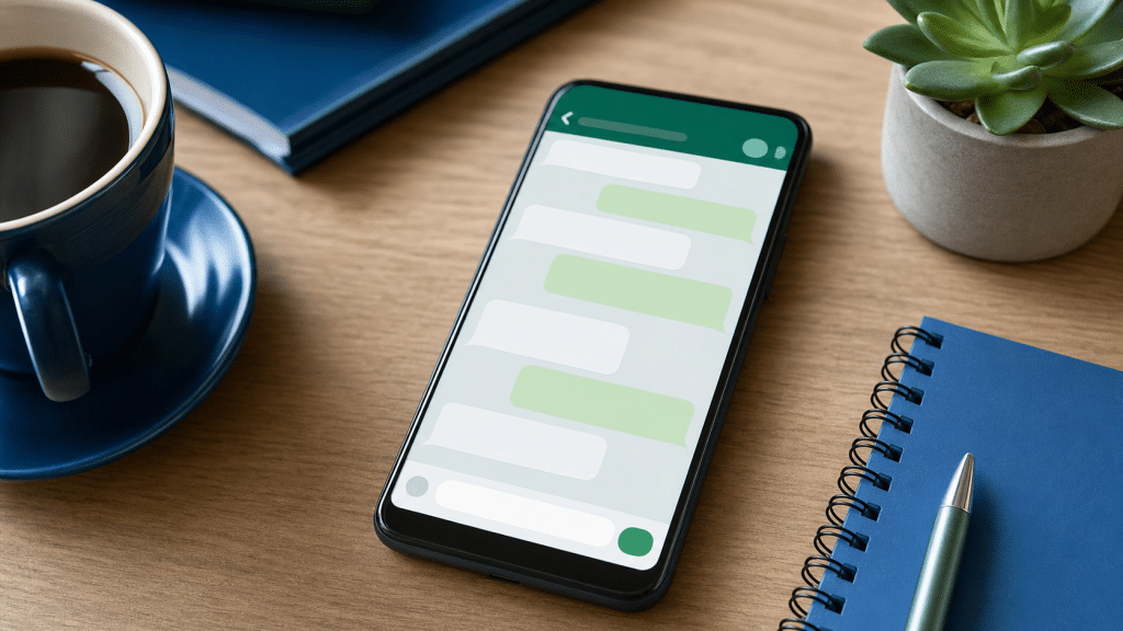 whatsapp customer service automation south africa — smartphone showing chat conversation on wooden desk
