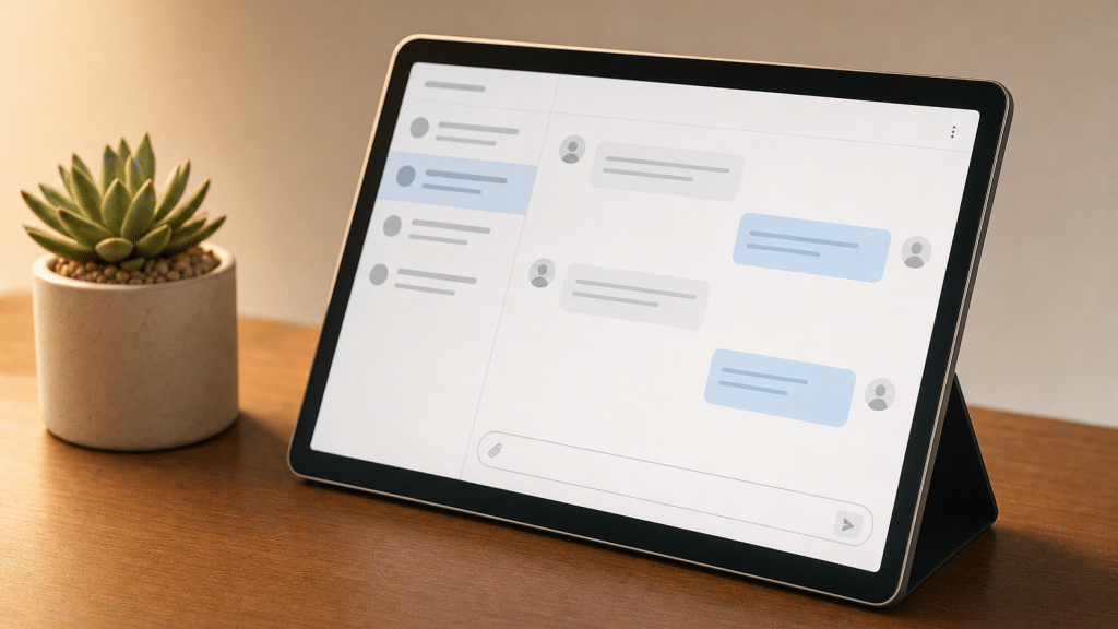 whatsapp customer service setup on tablet with support chat interface