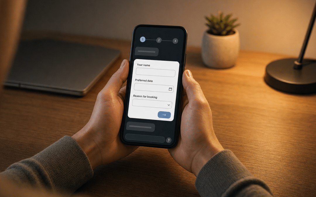 whatsapp flows south africa — hands holding a smartphone displaying a multi-step interactive form inside a chat interface, warm side lighting, shallow depth of field