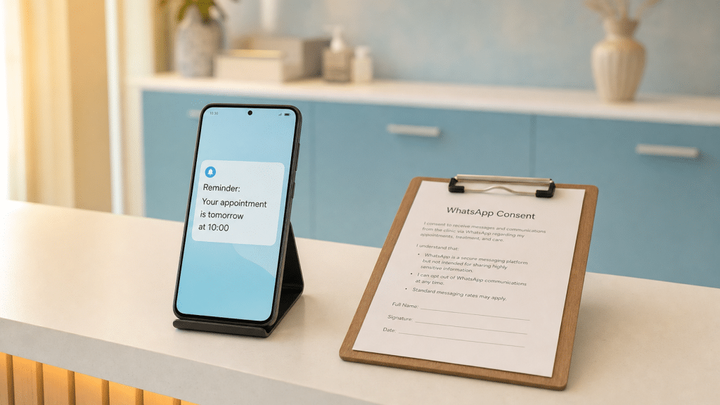WhatsApp for medical practices — smartphone showing a patient appointment reminder beside a printed consent form on a clinic reception desk