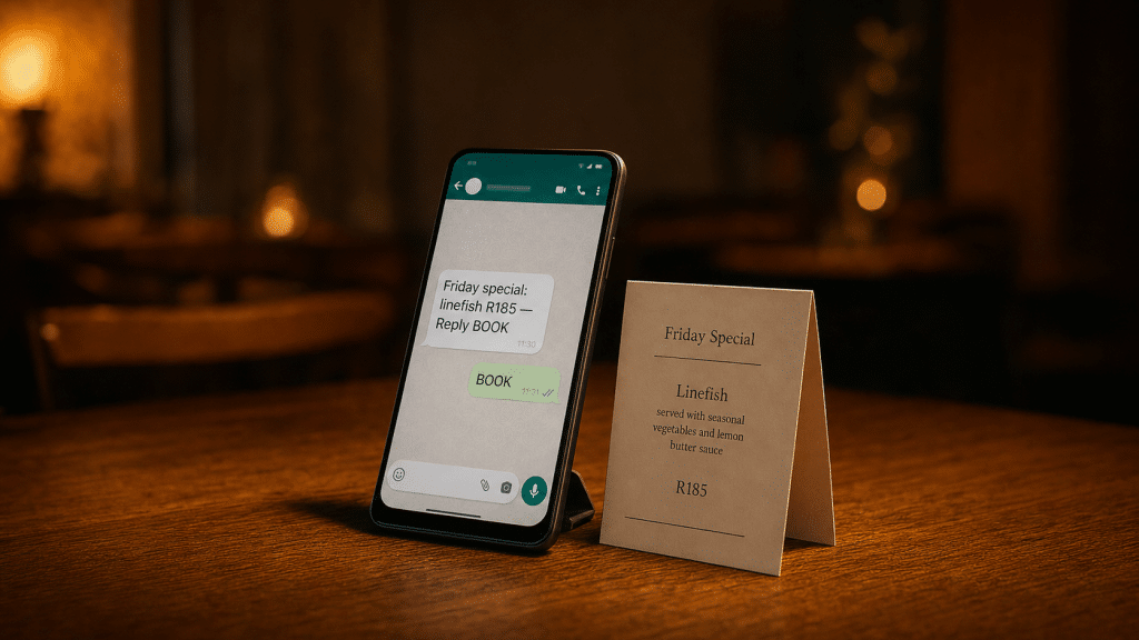 WhatsApp marketing for restaurants: smartphone showing a WhatsApp booking conversation beside a paper menu on a restaurant table
