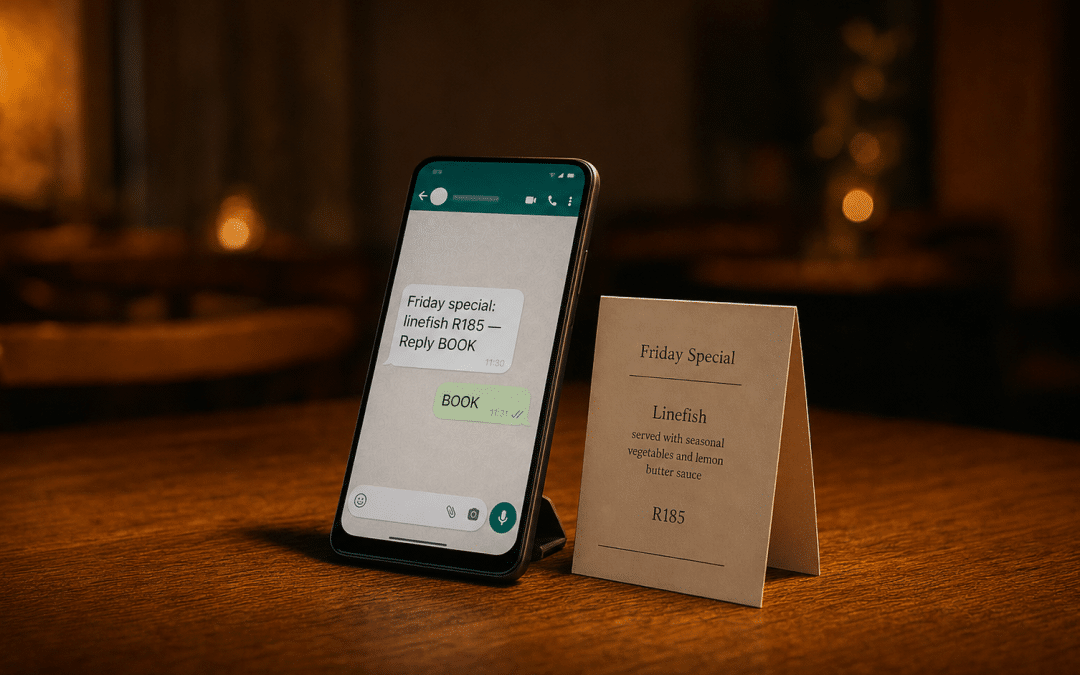WhatsApp marketing for restaurants: smartphone showing a WhatsApp booking conversation beside a paper menu on a restaurant table