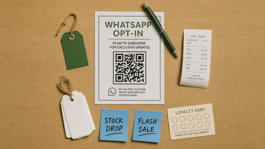 WhatsApp marketing for retail — printed opt-in form with QR code, loyalty card, and price tags on a light wooden desk
