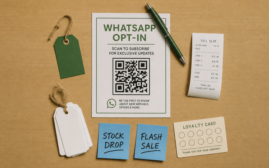 WhatsApp marketing for retail — printed opt-in form with QR code, loyalty card, and price tags on a light wooden desk