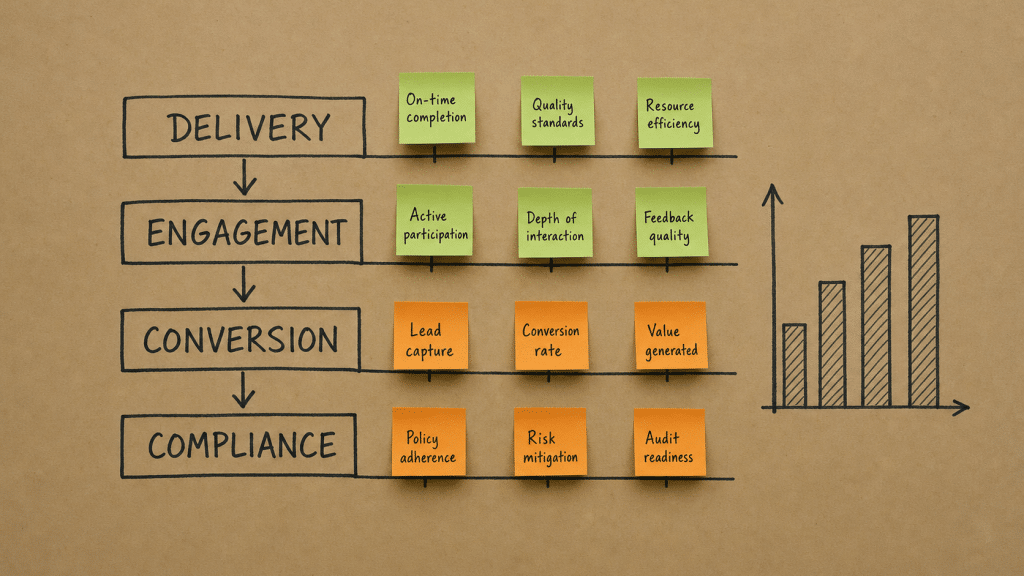 WhatsApp marketing metrics four-tier framework hand-drawn on kraft paper with sticky notes showing delivery, engagement, conversion and compliance signals