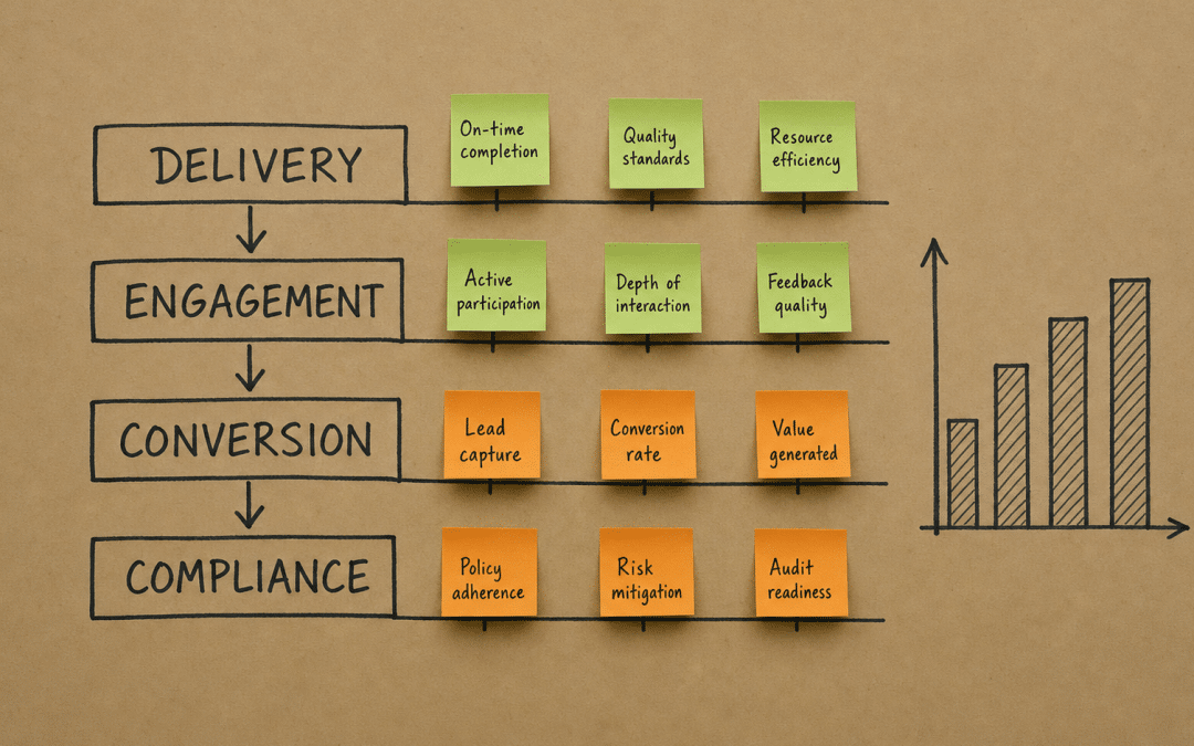WhatsApp marketing metrics four-tier framework hand-drawn on kraft paper with sticky notes showing delivery, engagement, conversion and compliance signals