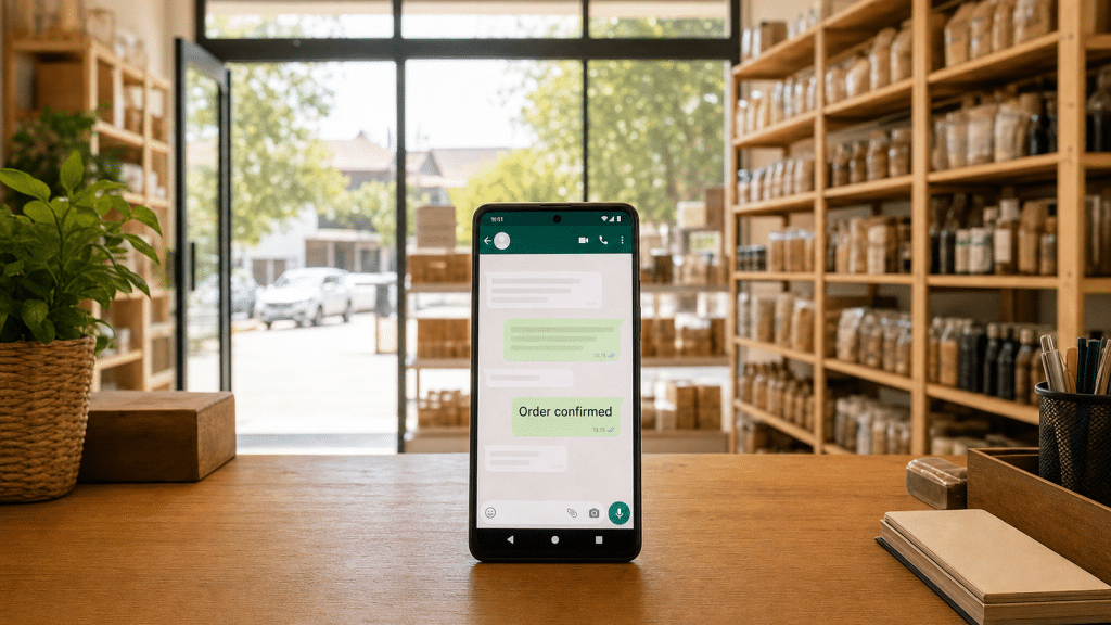 WhatsApp marketing Pretoria — a small business counter with a smartphone showing a WhatsApp Business order confirmation chat